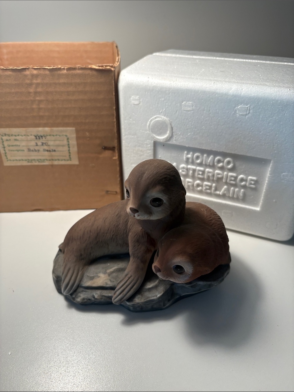 Vintage 1981 Homco masterpiece Brown Porcelain Bany seals Pair Figurine #1177